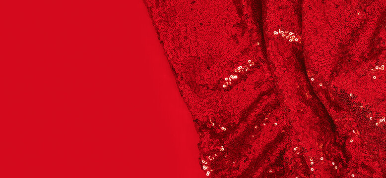 Fabric texture with spangles. Background sequin. Glitter texture. Fabric sequins. Red sequins pattern. Abstract background.