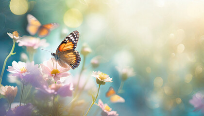 Fototapeta na wymiar Vivid summer scene: Colorful flowers and butterflies bask in sun rays amidst stunning natural beauty