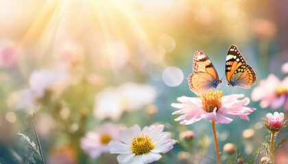 Vivid summer scene: Colorful flowers and butterflies bask in sun rays amidst stunning natural beauty - obrazy, fototapety, plakaty