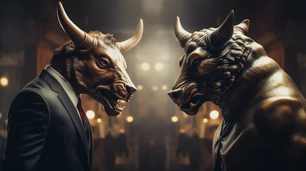 Foto auf Glas Bull versus bear in suits facing each other, trading on stock market. Bullish vs bearish trend  © Johannes