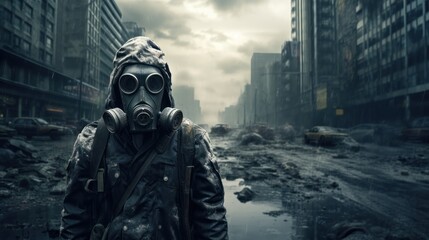 Apocalypse survivor in gas mask and protective suit against a city in ruins, a haunting scene of post-catastrophe desolation. - obrazy, fototapety, plakaty