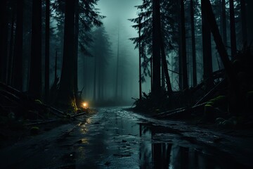 A mysterious, foggy forest road lit by a single lamp