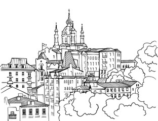 Fototapeta premium Nice view of the old Kiev. Ukraine. Trendy urban landscape. Cityscape. Hand drawn sketch. Line art. Postcards. 
