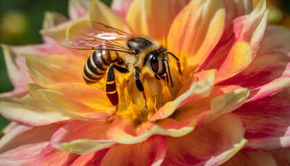 Close up of a bee on a colorful flower collecting pollen and nectar on a sunny day. ai generated