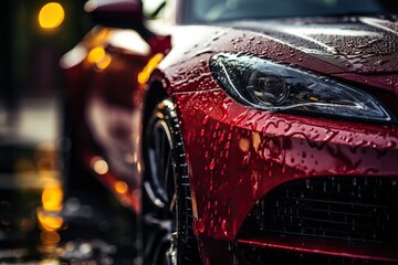 Close-up of a red sports car detailed to perfection, glistening with raindrops - Powered by Adobe