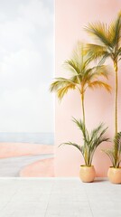 Obraz premium Indoor tropical palm trees in pots against a pastel-colored backdrop with ocean view