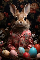 An adorable bunny in a floral shirt surrounded by colorful Easter eggs