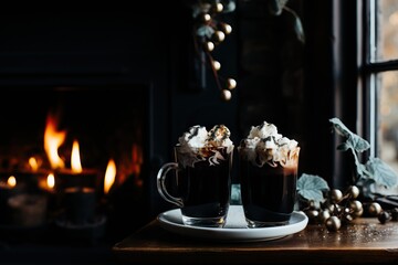 Obraz na płótnie Canvas Two glasses of Irish coffee garnished with cream and a cozy fireplace backdrop