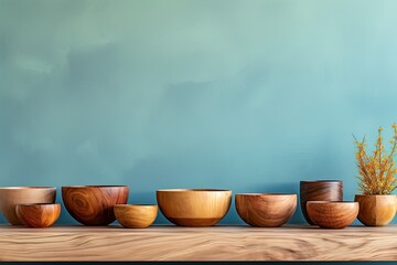 Empty wooden bowls of various shapes on bright studio background - obrazy, fototapety, plakaty