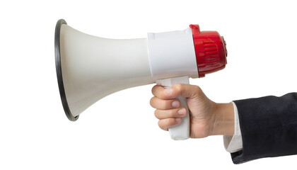 Hand holding megaphone - isolated on white background