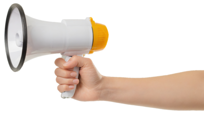 Hand holding megaphone - isolated on white background