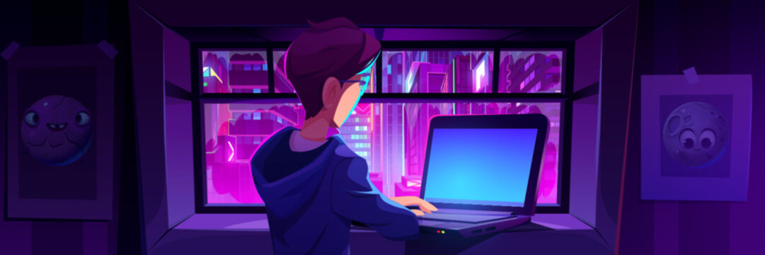 Young man using laptop standing by window overlooking city at night. Cartoon view from glass on neon purple and blue light of futuristic urban center. Portative computer on windowsill inside room.