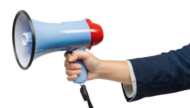 Hand holding megaphone - isolated on white background