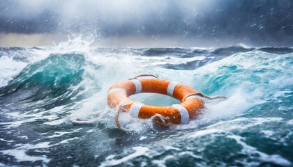  Lifebuoy floating in a stormy sea