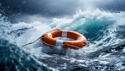  Lifebuoy floating in a stormy sea - obrazy, fototapety, plakaty