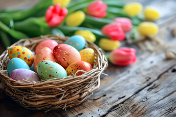 Fototapeta premium easter card, easter bunny with eggs, easter eggs and flowers, easter eggs in a basket, easter eggs and flowers on a white background, easter wall paper and background for social media