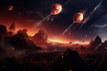 Fototapeta premium Constellations and galaxies, a nebula in outer space. Futuristic landscape. Cloudy sky.Digital designer art.Abstract surreal psychedelic illustration.3D render