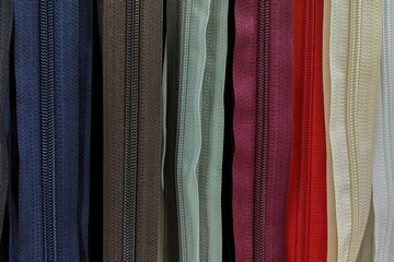 Plastic zippers of different colors. Assorted YKK nylon zippers. The hottest colors of the season. - obrazy, fototapety, plakaty