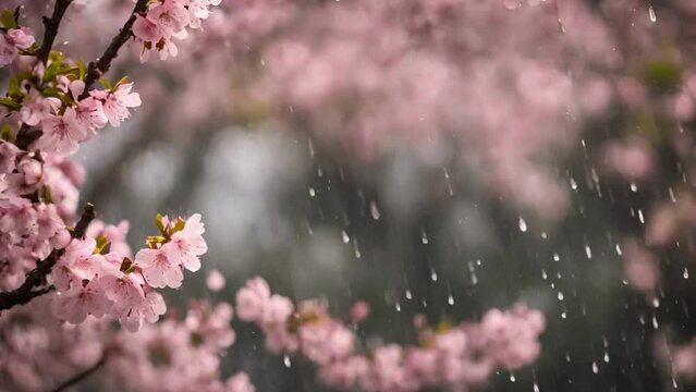 Raining on pink blossoms in spring, generative Ai