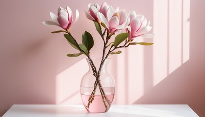 Pink Magnolia in Vase: Sunlight on Pastel Wall