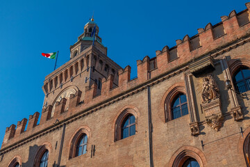 Fototapeta na wymiar Bologna capital of the Emilia Romagna region urban architecture images historical buildings two towers Maggiore square San Petriono basilica