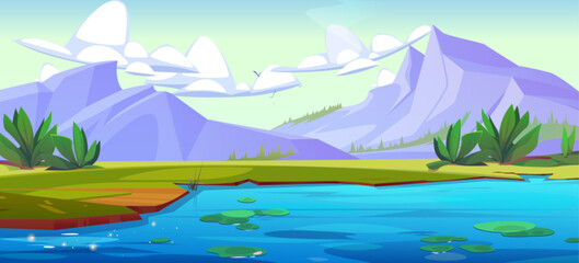 Fototapeta na wymiar Summer landscape with lake near foot of mountains on sunny day. Cartoon vector scenery with blue pond with green grass and bushes on shore, water lily, high peaks of hills and sky with clouds.