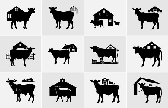 Farm Animals in Silhouette, Farmland silhouette landscape vector illustration.