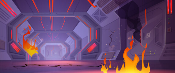 Space ship hall interior in fire and smoke. Cartoon vector illustration of burning shuttle station or laboratory corridor room with closed doors and gates, cracks on floor and walls, flames of fire. © klyaksun