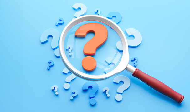 Magnifying glass and question mark on a blue background. 3d render