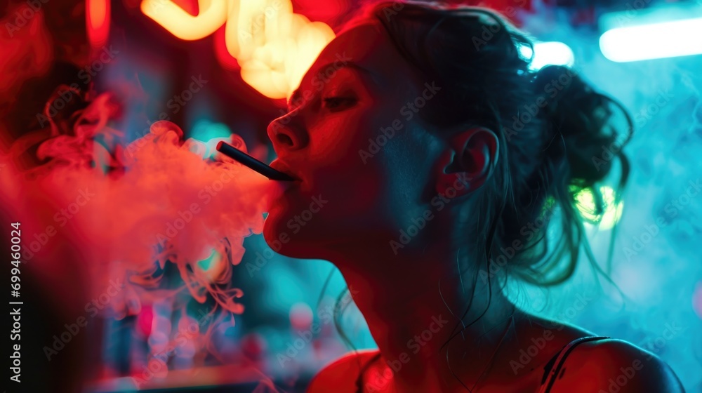 Wall mural Woman smoking a cigarette in a bar. Suitable for lifestyle and nightlife themes