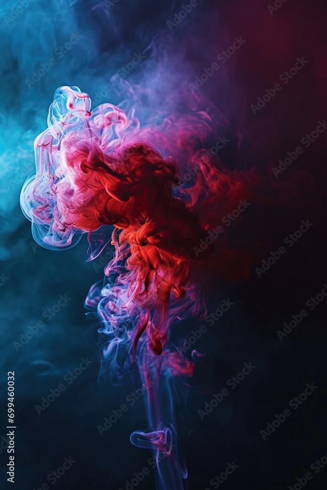 Poster Vibrant red and blue smoke creating a captivating visual display. Ideal for adding an artistic touch to design projects or enhancing the atmosphere of events and celebrations