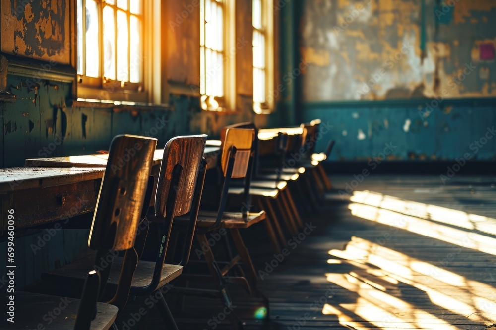 Aufkleber A row of wooden chairs lined up next to each other. Perfect for adding seating to any event or gathering