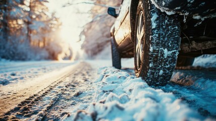 A car is parked on a snowy road. This image can be used to depict winter driving conditions or a peaceful winter scene