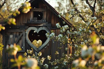 A charming wooden building with a heart-shaped window. Perfect for rustic or romantic-themed designs