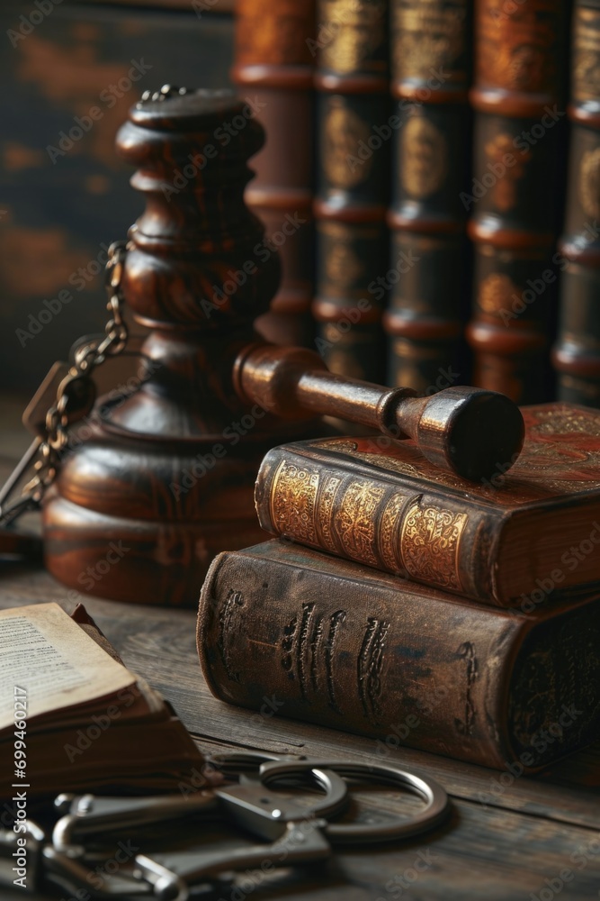 Poster A wooden table with a stack of books and a pair of scissors. This versatile image can be used to represent education, creativity, or even DIY projects