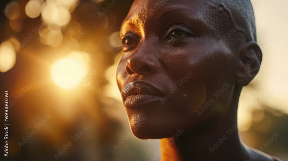 Poster A close up of a person with a sun in the background. Perfect for adding warmth and brightness to any project