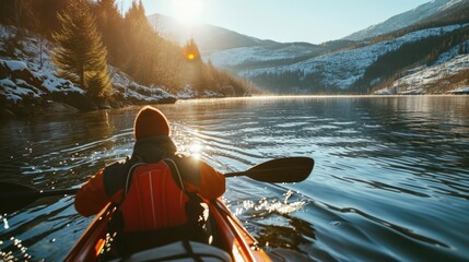 A person is seen paddling down a river in a kayak. This image can be used to depict outdoor activities, water sports, and adventure