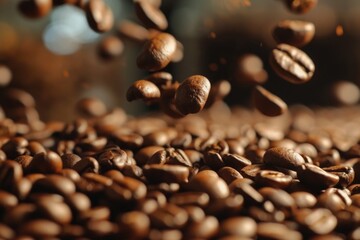 A dynamic image capturing the movement of coffee beans as they fly through the air. Perfect for adding energy and excitement to coffee-related designs or advertisements
