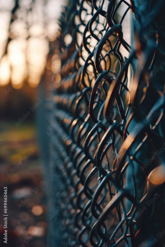 Poster a detailed view of a chain link fence, showcasing its structure and texture. perfect for illustratin