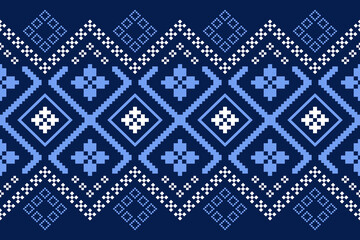 Indigo navy blue geometric traditional ethnic pattern Ikat seamless pattern border abstract design for fabric print cloth dress carpet curtains and sarong Aztec African Indian Indonesian