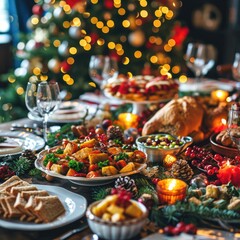 A table filled with plates of food next to a Christmas tree. Perfect for holiday celebrations and festive dining
