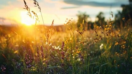 A beautiful sunset illuminating a field of tall grass. Perfect for nature and landscape themes
