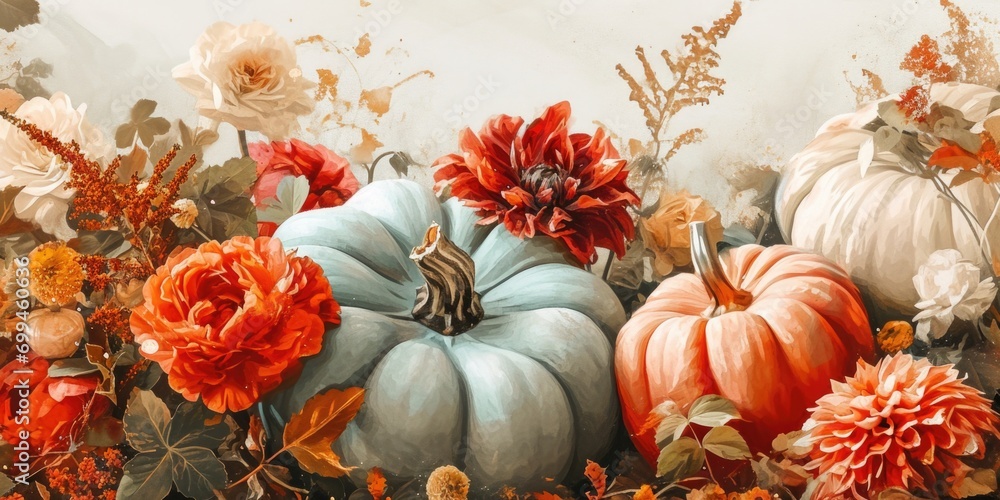 Poster A painting depicting pumpkins and flowers arranged on a table. This image can be used to add a touch of autumnal charm to various projects