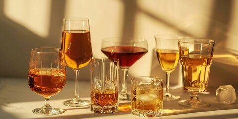 Various glasses of different types of alcohol arranged on a table. Suitable for use in bars, restaurants, or any beverage-related content