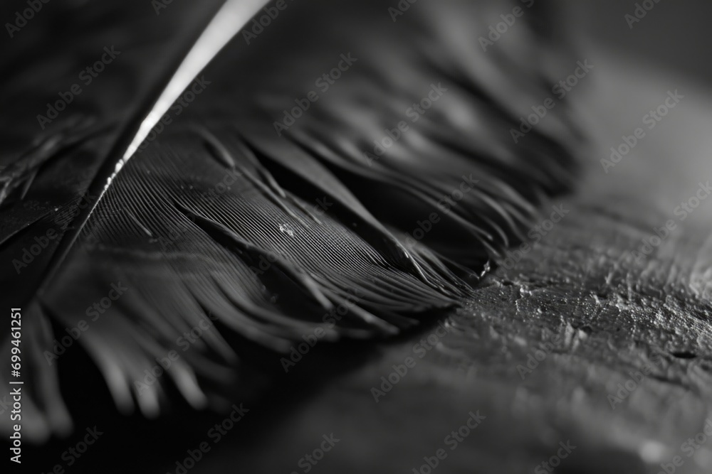 Poster a close-up black and white photo of a feather. suitable for various artistic and design projects