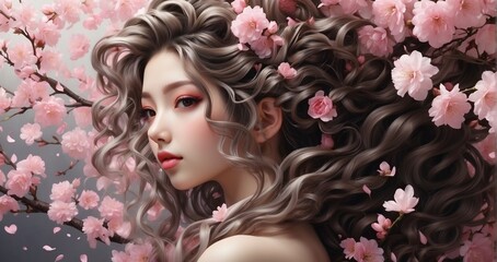 A waterfall of cherry blossoms cascading through a meticulously crafted hairstyle. hyper-realistic, lifelike, ultra-detailed, Wide-angle lens -Generative Ai