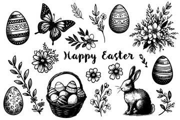 Happy Easter hand sketched Lettering Happy Easter with rabbit basket and eggs with flowers for greeting card, invitation template. Hand drawn for your design