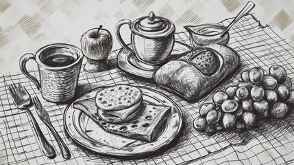A simple drawing of a plate of food and a cup of coffee. Perfect for illustrating a meal or a cafe scene