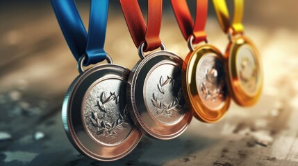 A row of medals with ribbons hanging from them. Suitable for awards, achievements, and recognition purposes - obrazy, fototapety, plakaty