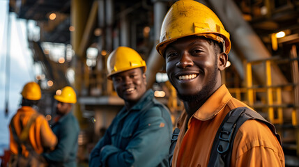 African industrial workers in the oil tube station at sea - obrazy, fototapety, plakaty